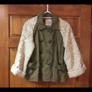 Anthropologie Hei Hei Olive Green Utility Cream Sequin 3/4 Sleeves Jacket